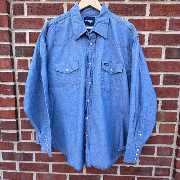 VTG Wrangler Denim Pearl Snap Shirt Mens XXL Blue Flap Pockets Western Cowboy - Picture 1 of 12